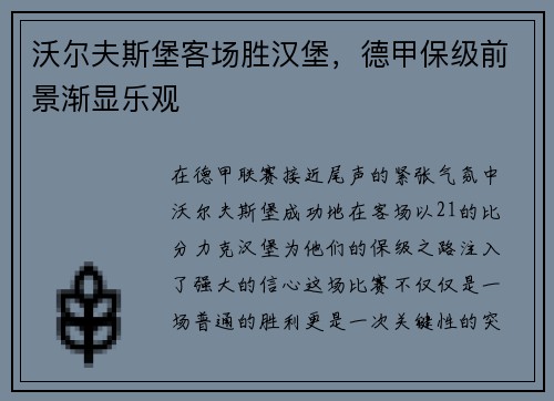 沃尔夫斯堡客场胜汉堡，德甲保级前景渐显乐观
